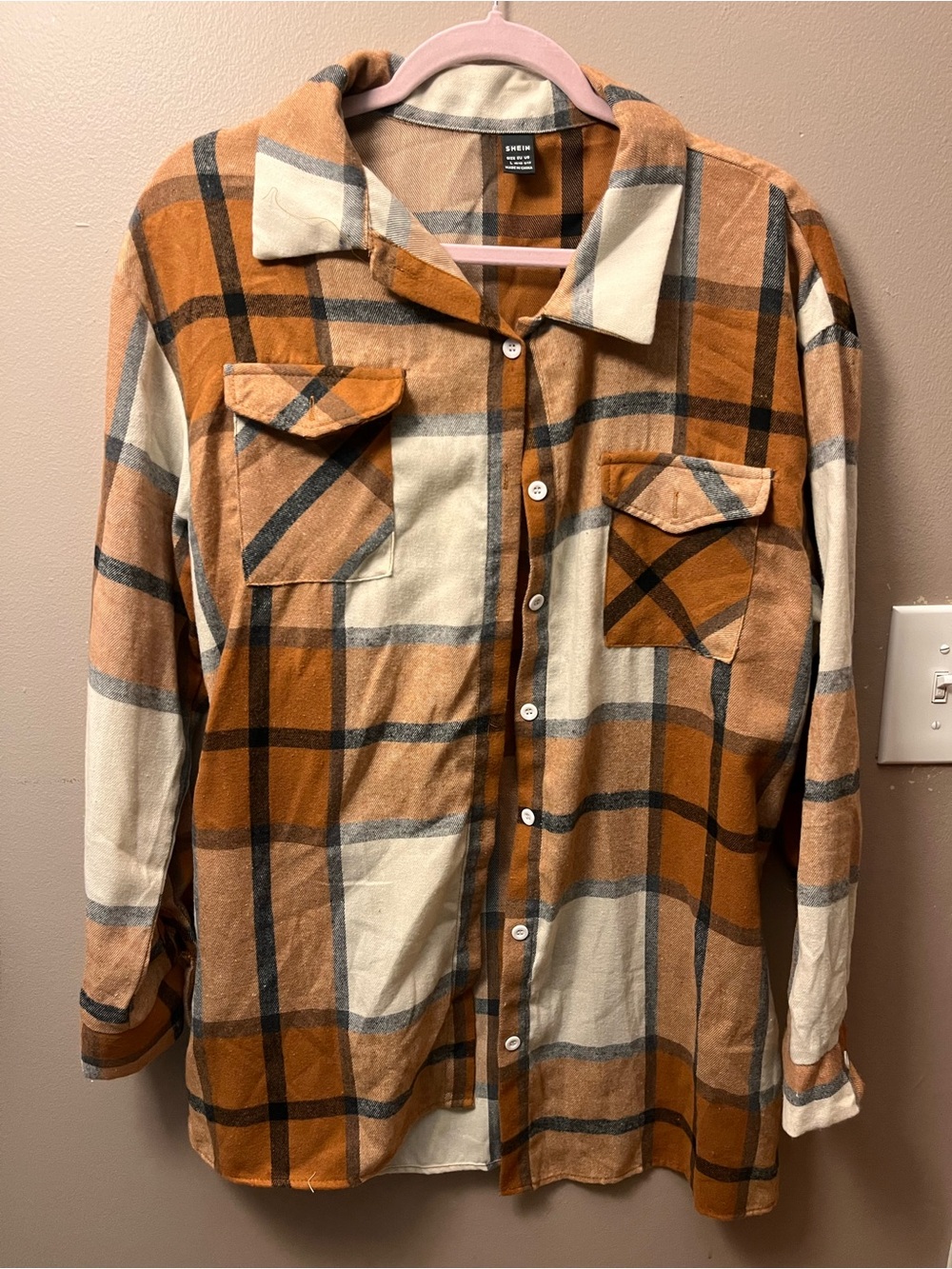 Woman’s Orange and Cream Plaid Button-Down Shirt